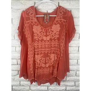 Johnny Was Coral Orange Pink DELAMO embroidered flared tunic blouse size Large